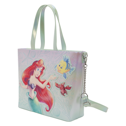 Sac fourre-tout Loungefly La Petite Sirène avec des motifs d'Ariel, Polochon et Sébastien, ainsi qu'une pochette à monnaie