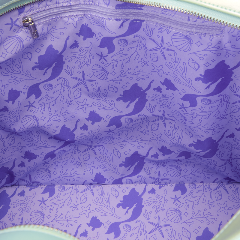 Loungefly Tragetasche mit Motiven der kleinen Meerjungfrau, Arielle, Fabius und Sebastian sowie einem Münzbeutel