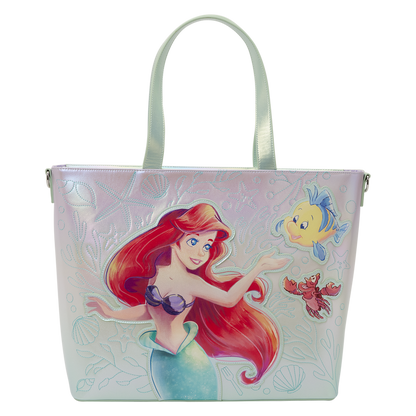 Sac fourre-tout Loungefly La Petite Sirène avec des motifs d'Ariel, Polochon et Sébastien, ainsi qu'une pochette à monnaie