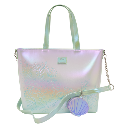 Sac fourre-tout Loungefly La Petite Sirène avec des motifs d'Ariel, Polochon et Sébastien, ainsi qu'une pochette à monnaie